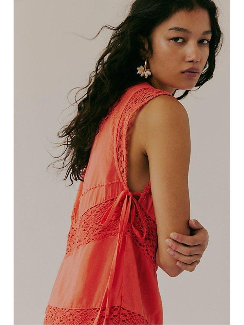 Free People Winifred Mini Dress Red Guava Coral Lace Tassel 100% Cotton Small - Picture 3 of 15